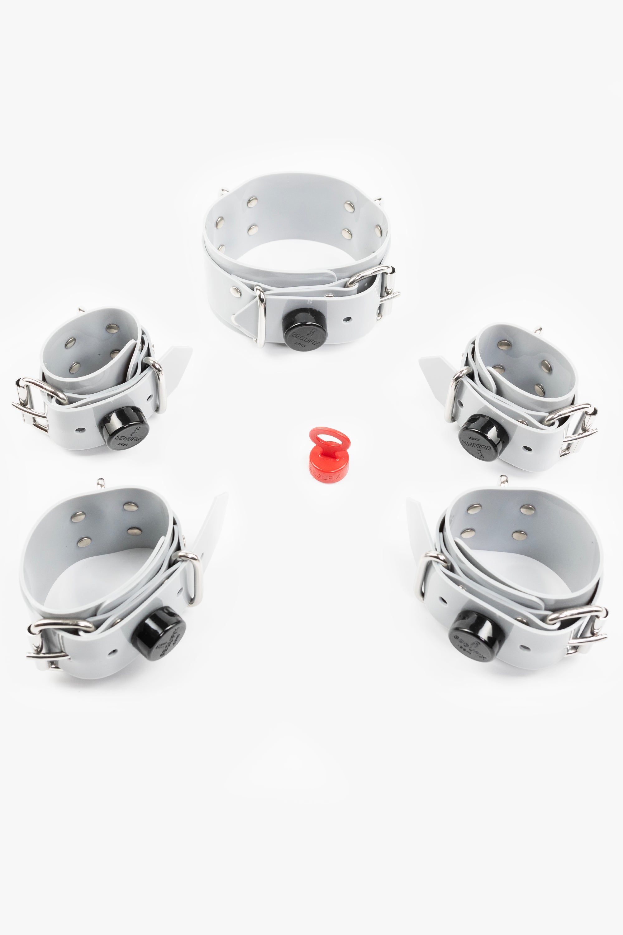 Lockable segufix collar and wrist, ankle cuffs set, light grey/chrome