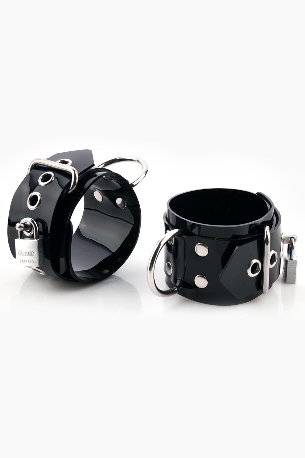 Buck-less ankle cuffs with D-rings and padlocks