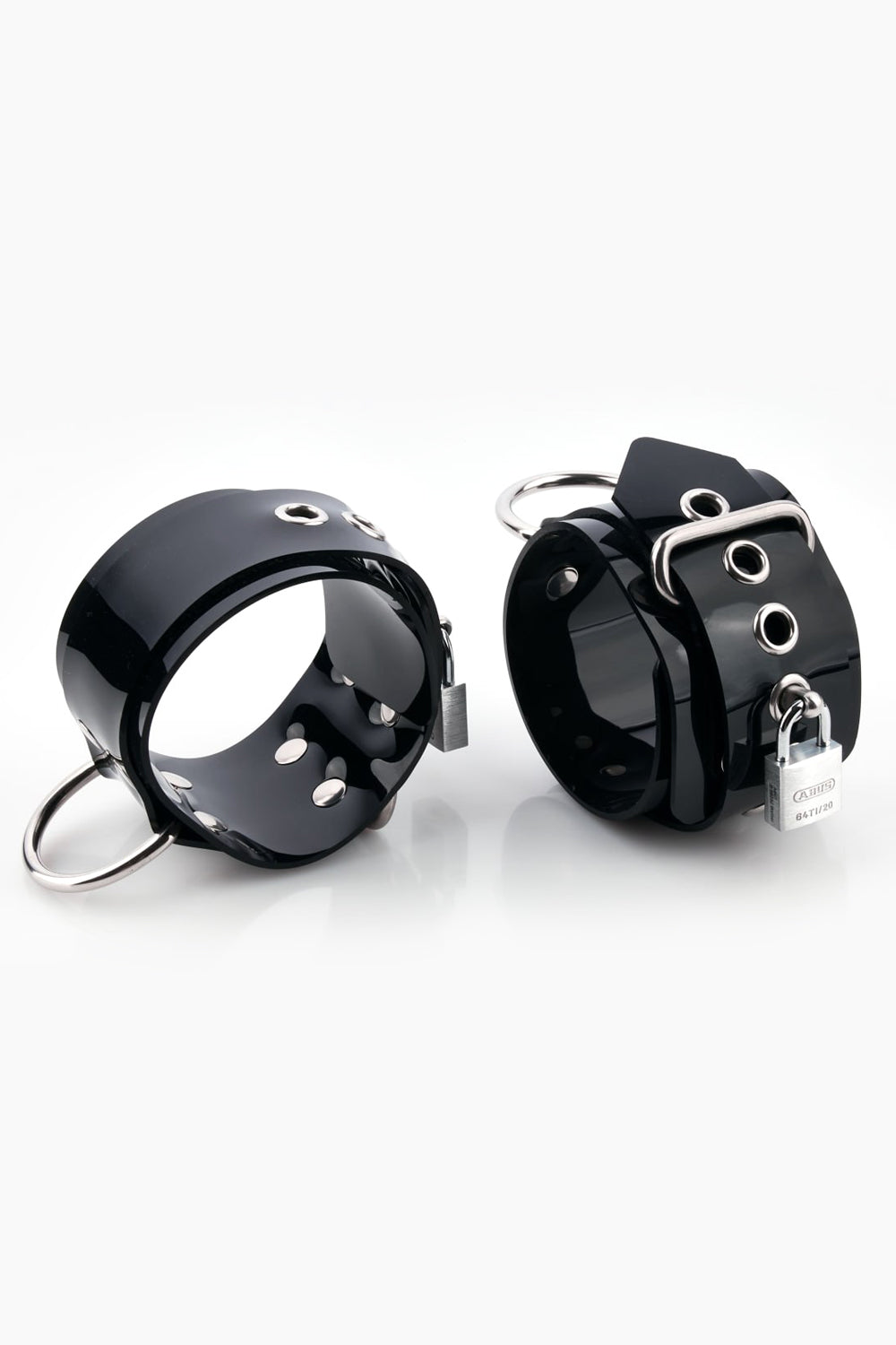 Buck-less ankle cuffs with D-rings and padlocks