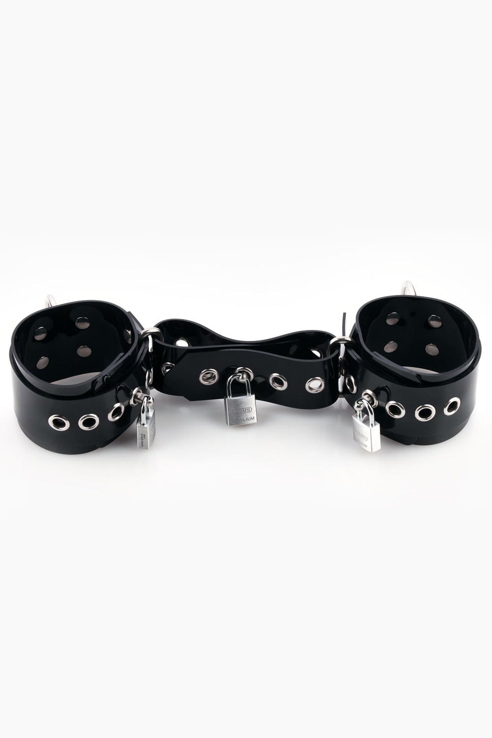 Buck-less ankle cuffs with D-rings and padlocks