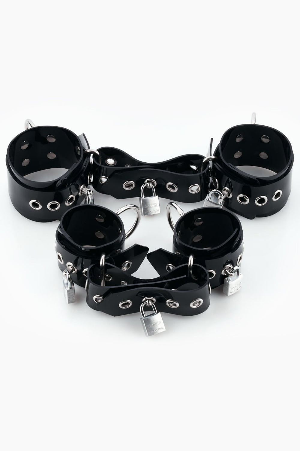 Lockable buck-less set of collar, wrist and ankle cuffs