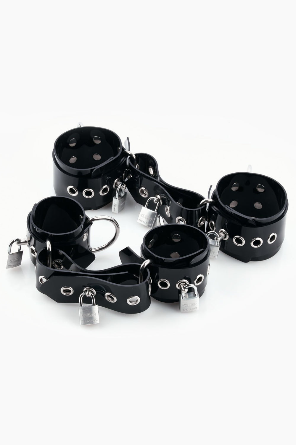 Lockable buck-less set of wrist and ankle cuffs