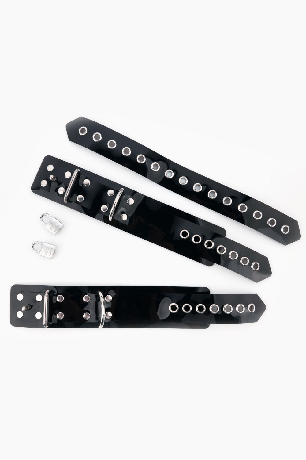 Lockable buck-less set of collar, wrist and ankle cuffs
