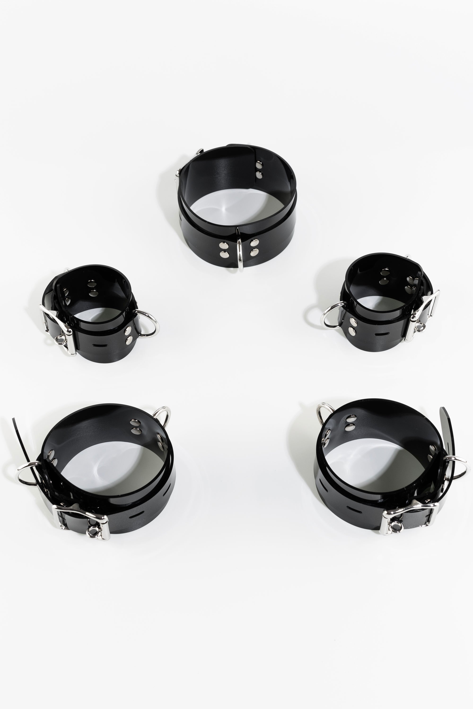Lockable collar and wrist, ankle cuffs set, black/chrome