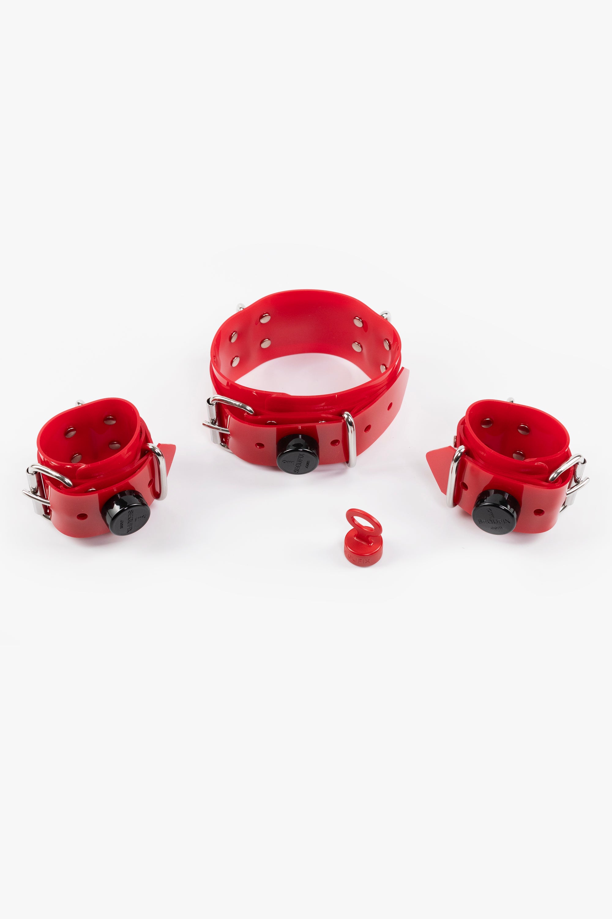 Lockable segufix collar and wrist cuffs set, red/chrome