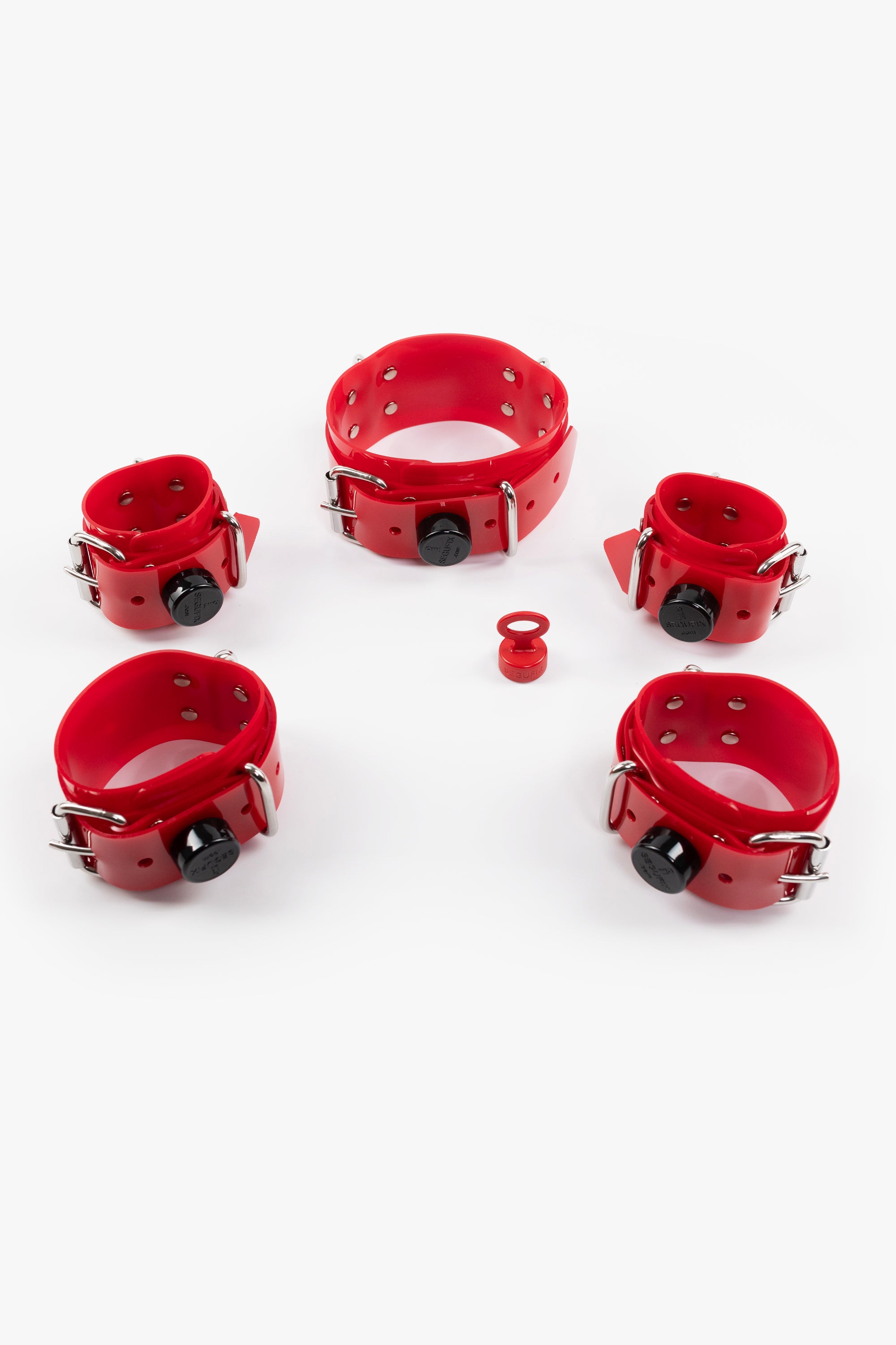 Lockable segufix collar and wrist, ankle cuffs set, red/chrome