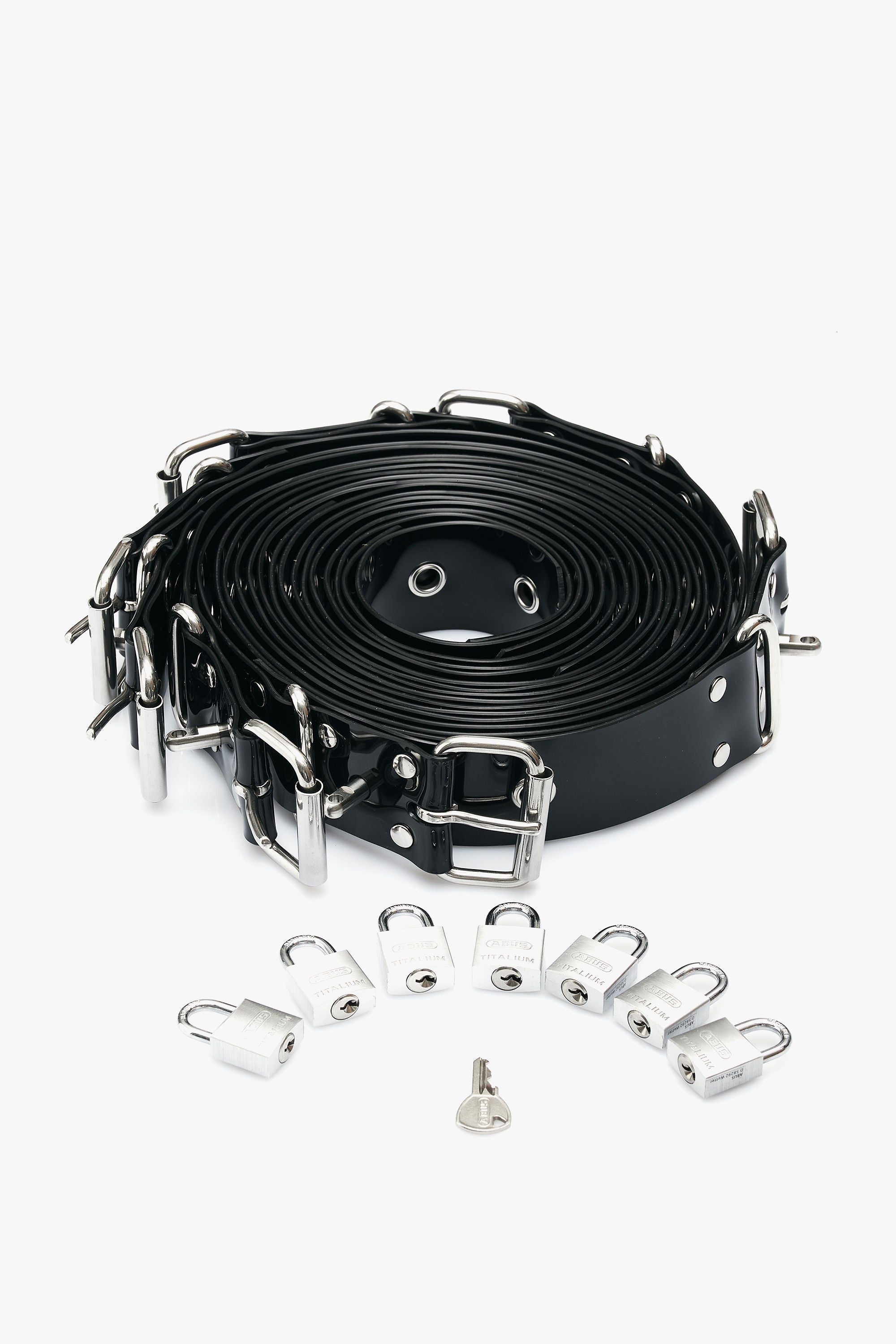 7-Piece BDSM Belt Restraint Set with Secure Same Key Padlocks and Eyelets