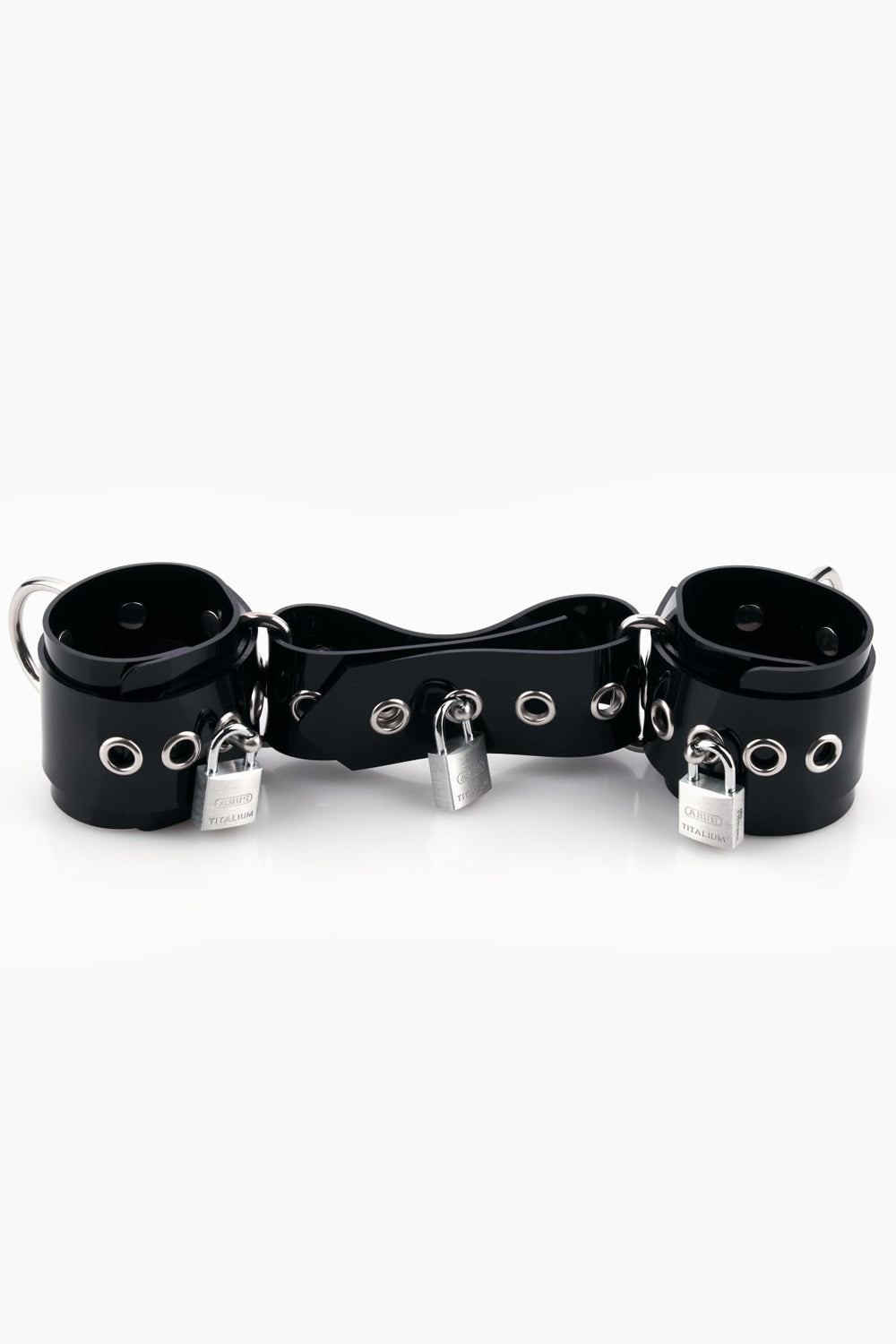 Buck-less wrist cuffs with D-rings and padlocks