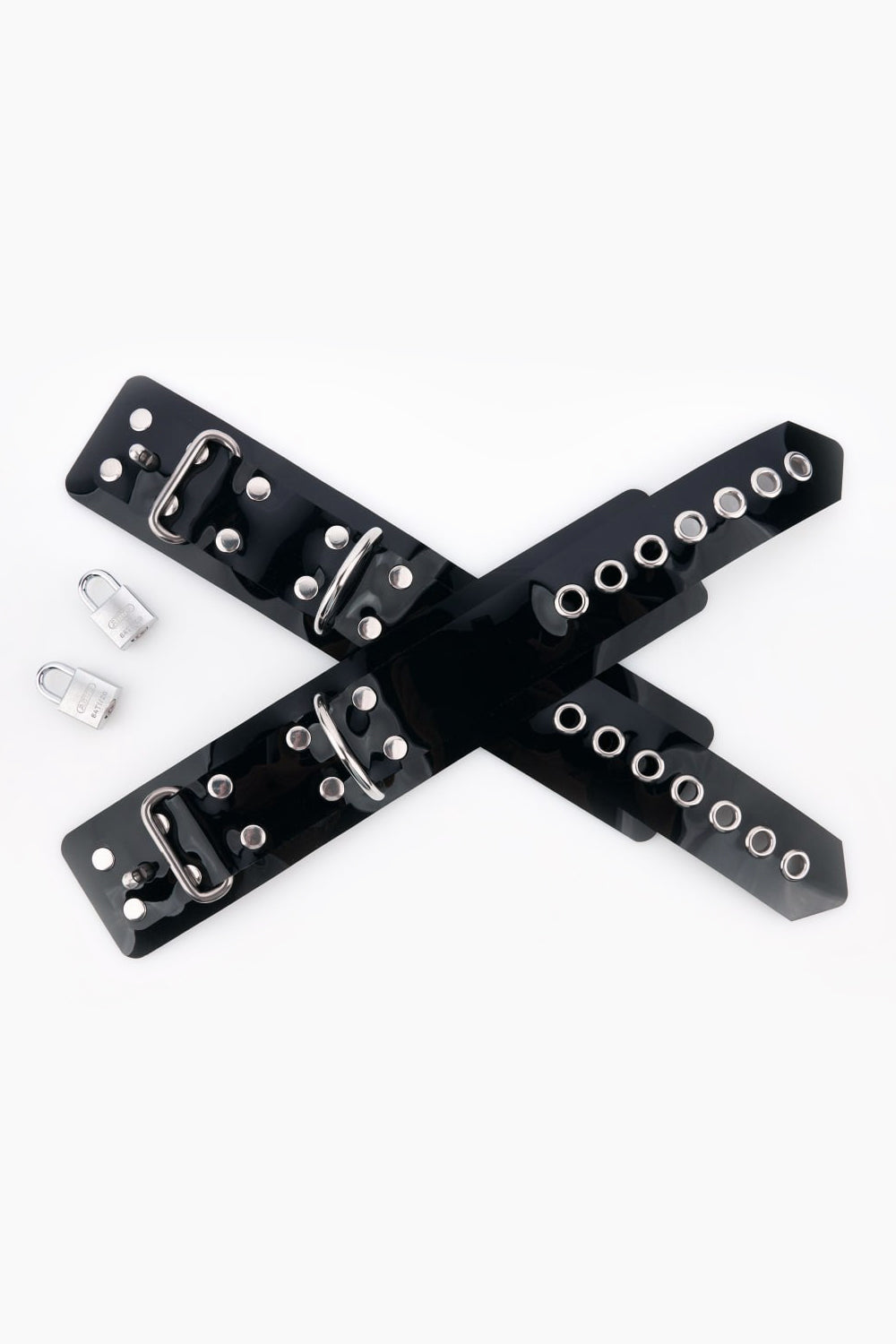 Buck-less wrist cuffs with D-rings and padlocks